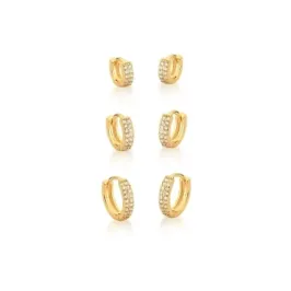 Brinco Ban. Dourado Trio Argolas Cravejadas de Zircônia