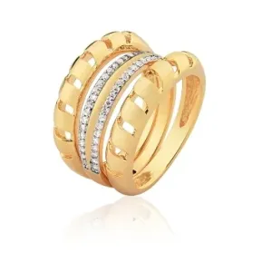 ANEL TRIO BAN. DOURADO CRAV. ZIRC BRANCA 2 LINHA VAZADO