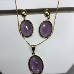 CONJUNTO BAN. DOURADO C/ BRINCO E CORRENTE C/ PEDRA ROXA