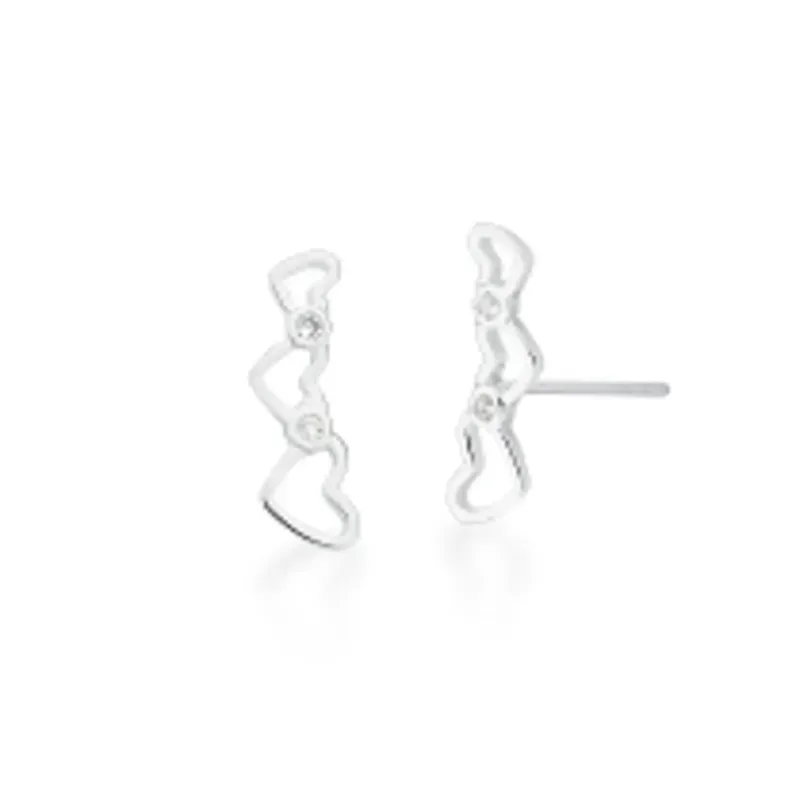 BRINCO PRATEADO PEDRA BRANCA EAR CUFF VAZADO 3 CORACAO