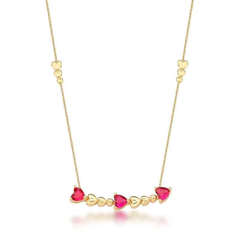 COLAR BAN. DOURADO PEDRA 3 CORACAO ROSA ESCURO 45+5CM