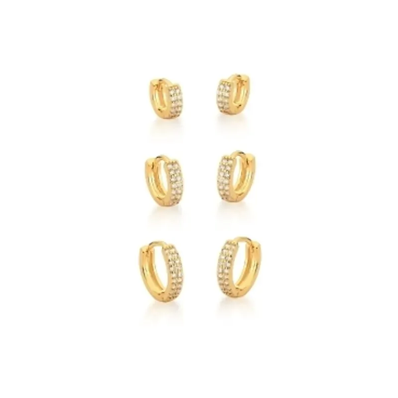 Brinco Ban. Dourado Trio Argolas Cravejadas de Zircônia