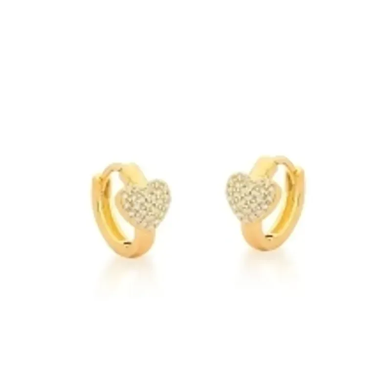BRINCO BAN. DOURADO CRAV. ZIRC BRANCA CORACAO ARGOLA 14MM