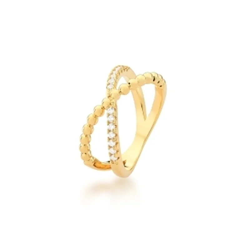 ANEL BAN. DOURADO CRAV. ZIRC BRANCA TRANCADO X BOLINHA 1 LINHA