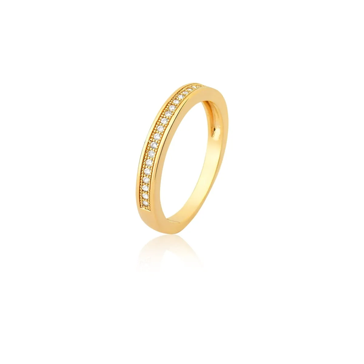 ANEL BAN. DOURADO CRAV. ZIRC BRANCA 1 LINHA FRENTE 3MM