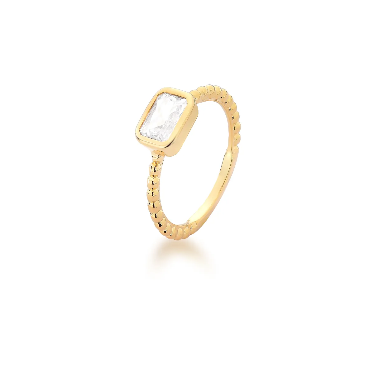 ANEL BASICO PEDRA RETANGULAR ARO TRABALHADO 9X6MM BAN. DOURADO /INCOLOR /TAM. 20