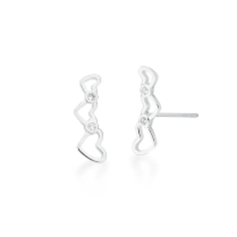 BRINCO PRATEADO PEDRA BRANCA EAR CUFF VAZADO 3 CORACAO
