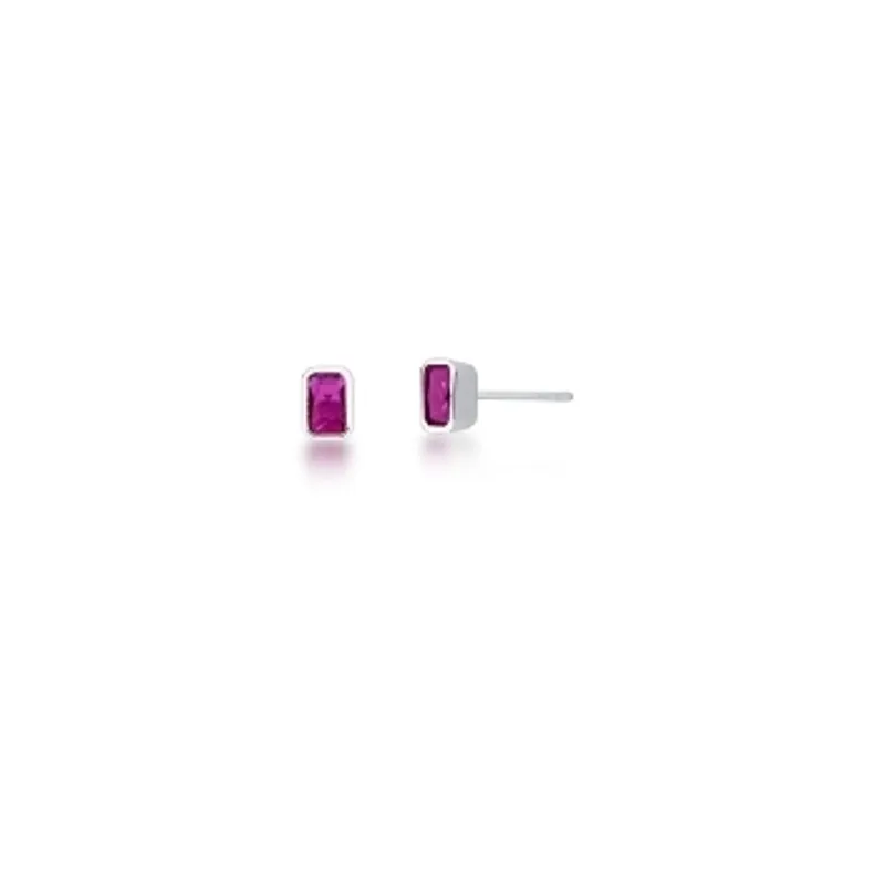BRINCO PRATEADO C/ BAN. DE RODIO PEDRA ROSA ESCURO RETANGULAR 5X7MM