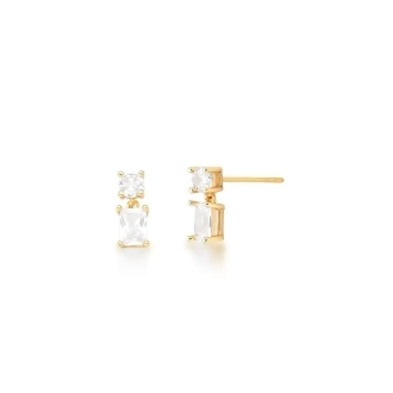 BRINCO BAN. DOURADO PEDRA BRANCA PENDULO RETANGULAR/REDONDO 5X7MM 5MM