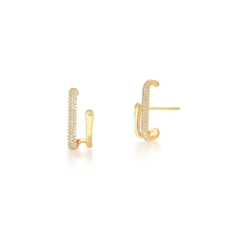 BRINCO BAN. DOURADO CRAV. ZIRC BRANCA PEDRA BRANCA 2 COLUNA EAR HOOK CURVO 22MM