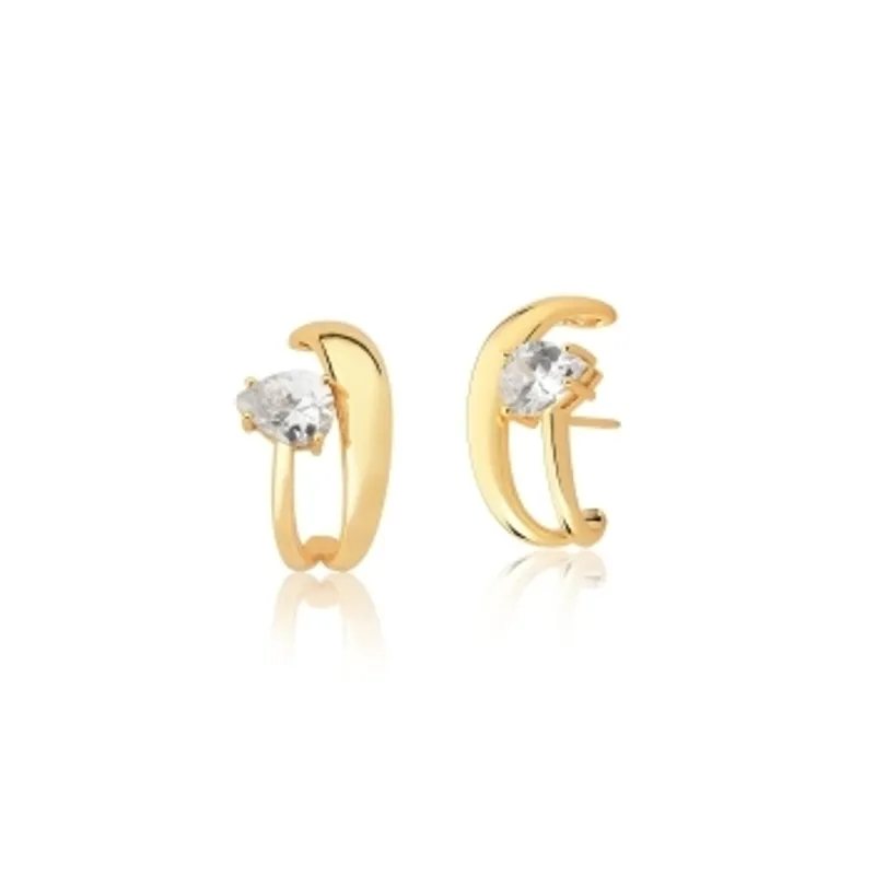 BRINCO BAN. DOURADO PEDRA BRANCA GOTA 2 VOLTAS CURVO EAR HOOK