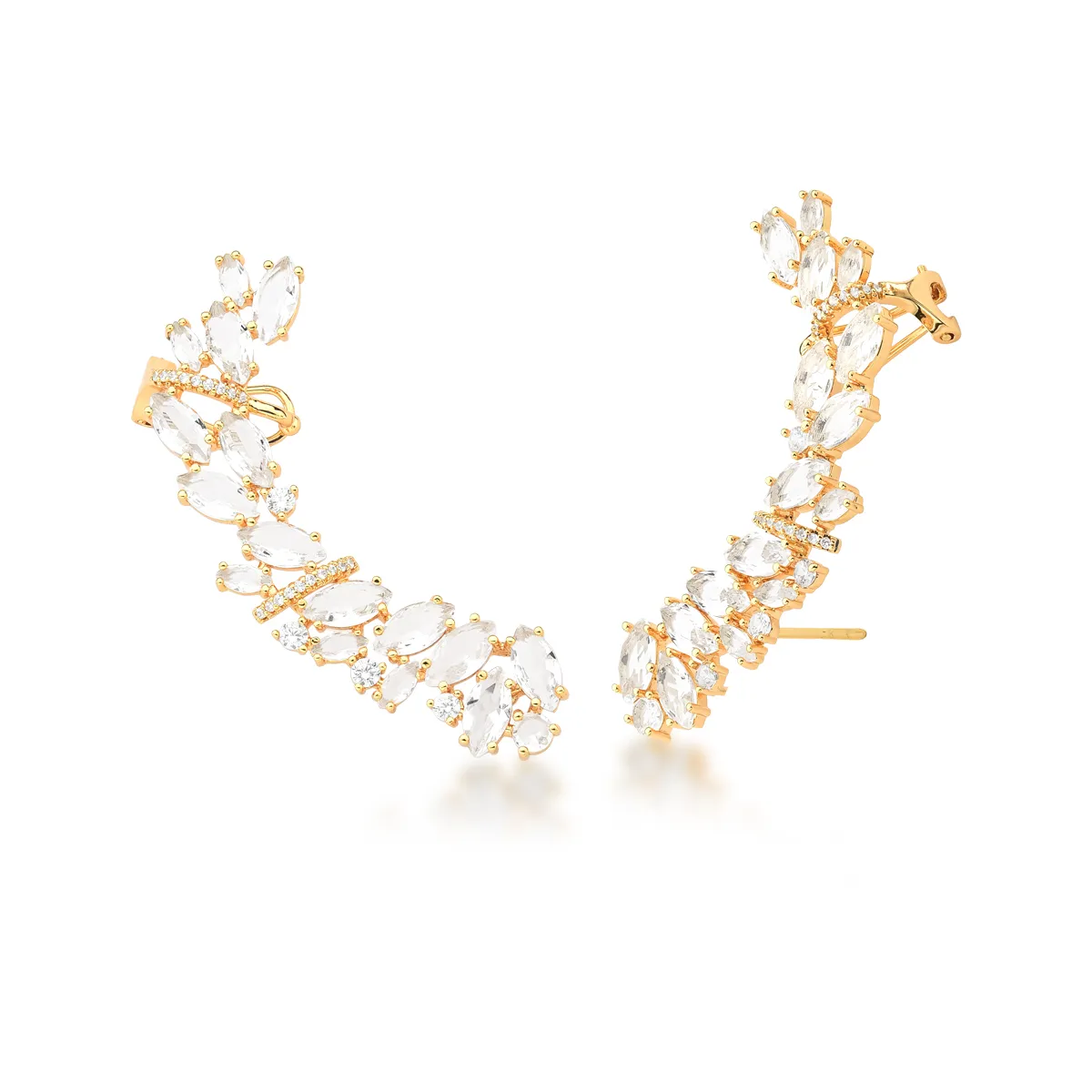 BRINCO BAN. DOURADO CRAV. ZIRC BRANCA PEDRA BRANCA NAVETE/REDONDO EAR CUFF FECHO OMEGA