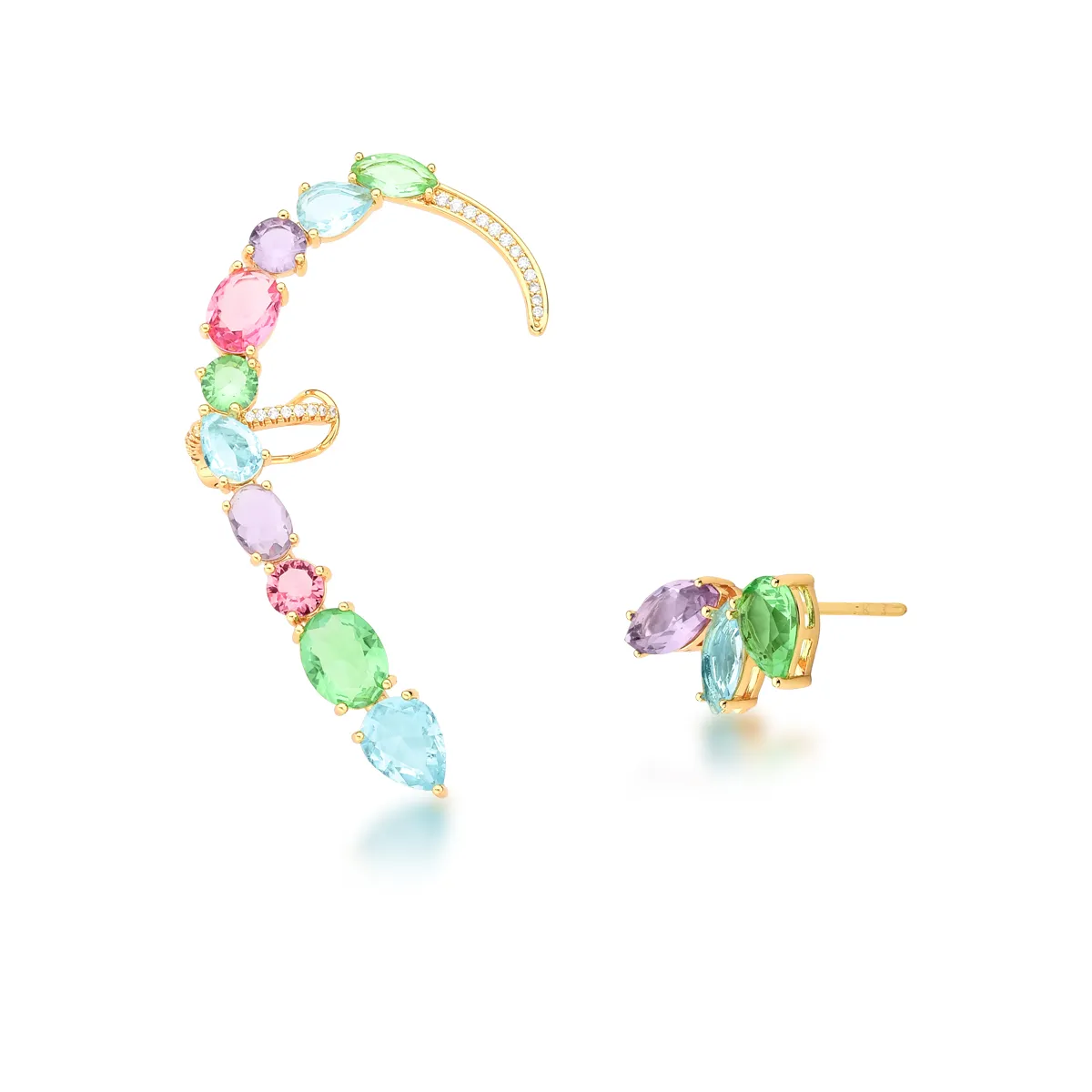 BRINCO ASSIMETRICO BAN. DOURADO CRAV. ZIRC BRANCA PEDRA MULTICOLOR EAR CUFF