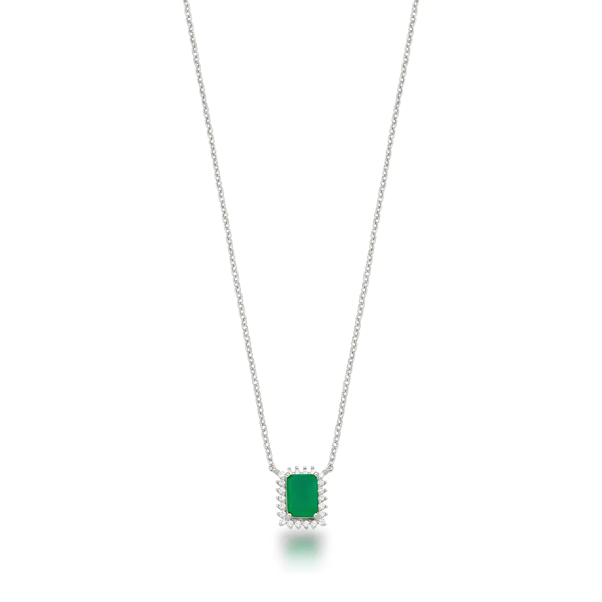 CORRENTE C/ PING PEDRA+ ZIRCONIA RETANGULAR/REDONDO 5X7MM PRATEADO C/ BAN. DE RODIO /VERDE FUSION ES