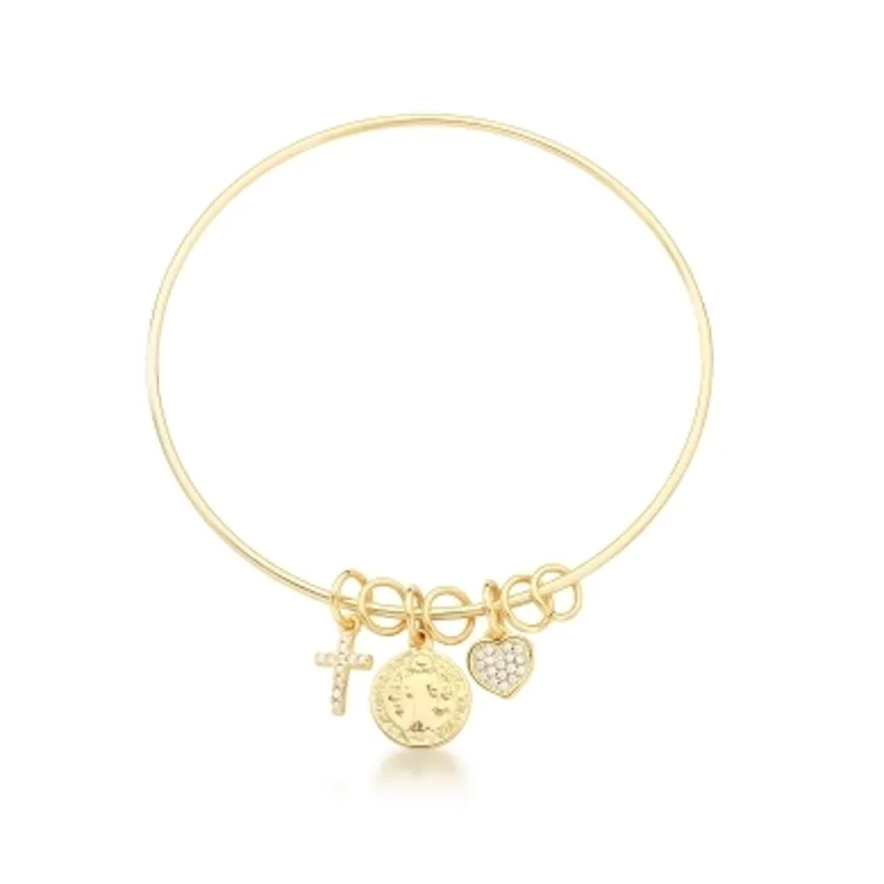 BRACELETE ZIRCONIA PENDULO CRUZ/CORACAO SAO BENTO BAN. DOURADO /BRANCO CRISTAL