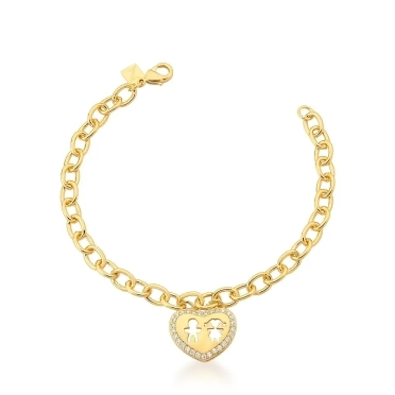 PULSEIRA BAN. DOURADO CRAV. ZIRC BRANCA CORACAO VAZADO CASAL MENINO/MENINA 17+5CM
