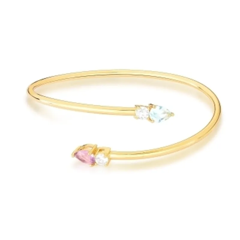 BRACELETE BAN. DOURADO ZIRC BRANCA/AMETISTA/AGUA MARINHA 2 PEDRA GOTA