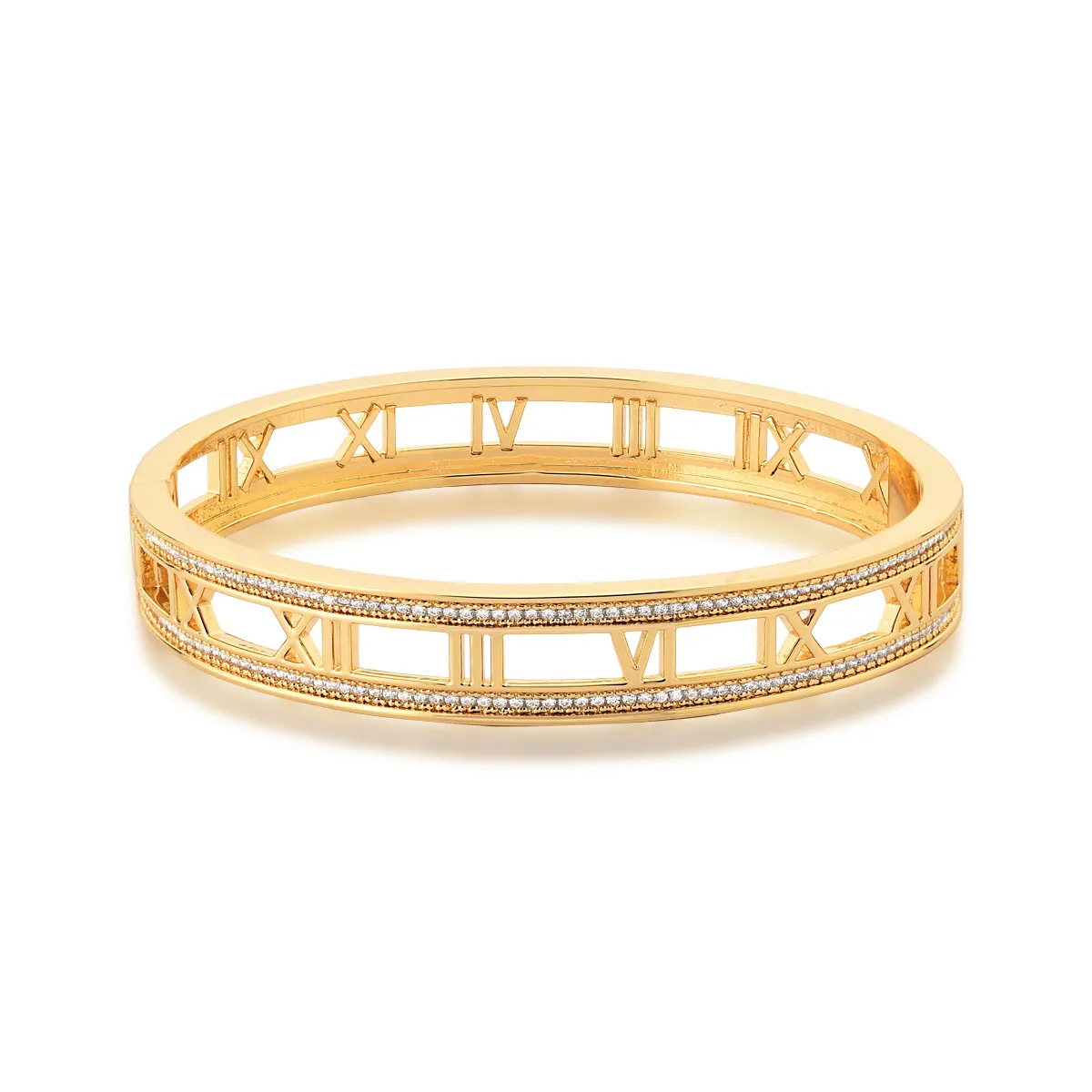 BRACELETE BAN. DOURADO CRAV. ZIRC BRANCA VAZADO ALGARISMO ROMANO COPY