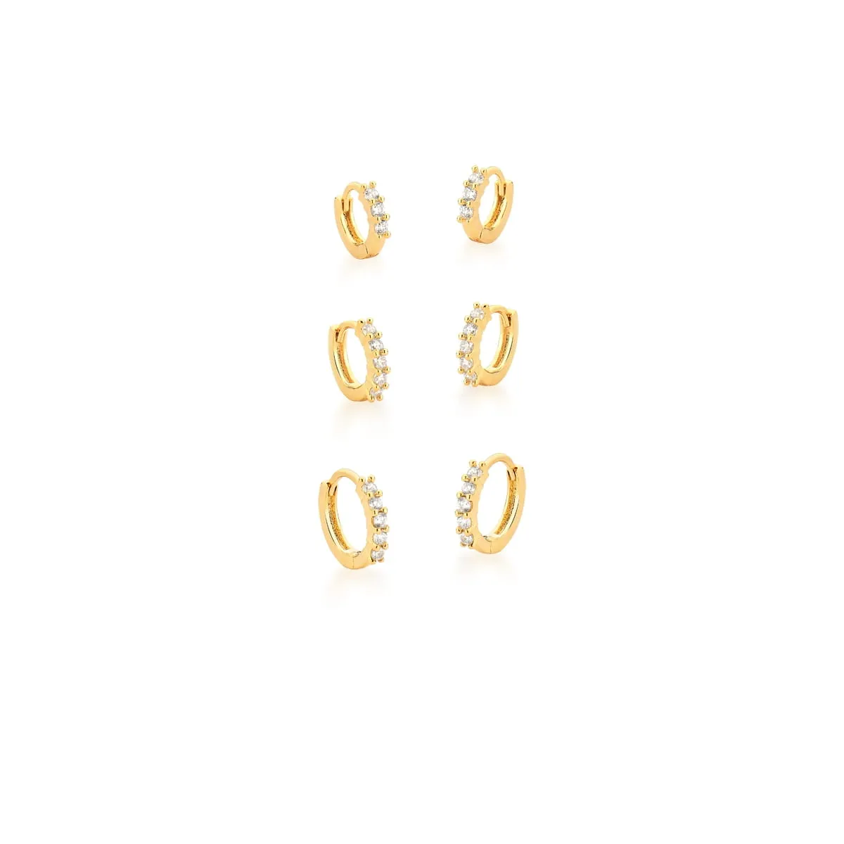 BRINCO TRIO BAN. DOURADO CRAV. ZIRC BRANCA ARGOLA 10/11/13MM
