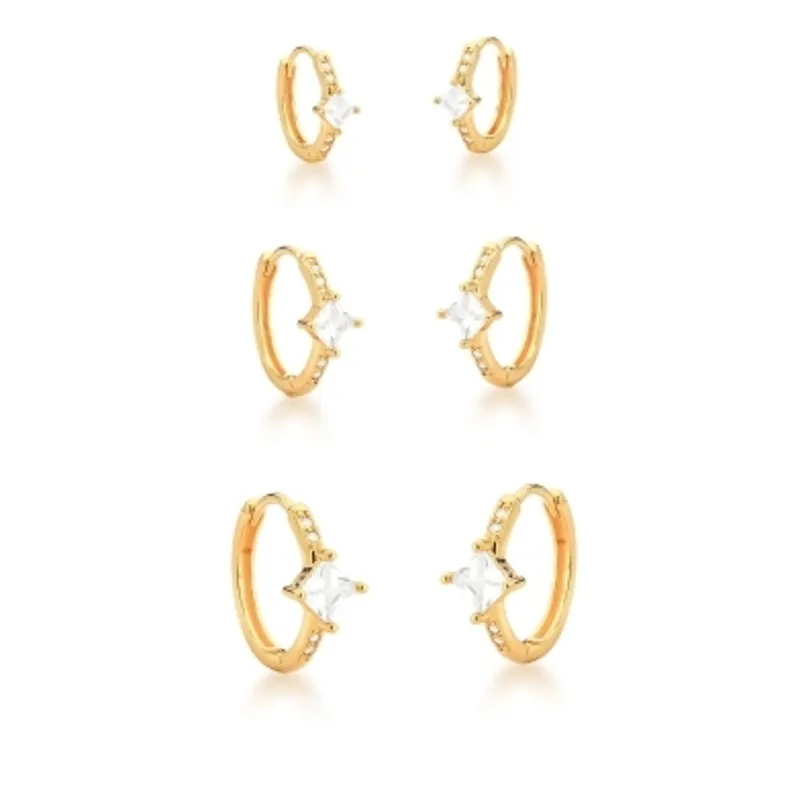 BRINCO TRIO BAN. DOURADO CRAV. ZIRC BRANCA PEDRA BRANCA QUADRADO/ARGOLA 12/16/19MM