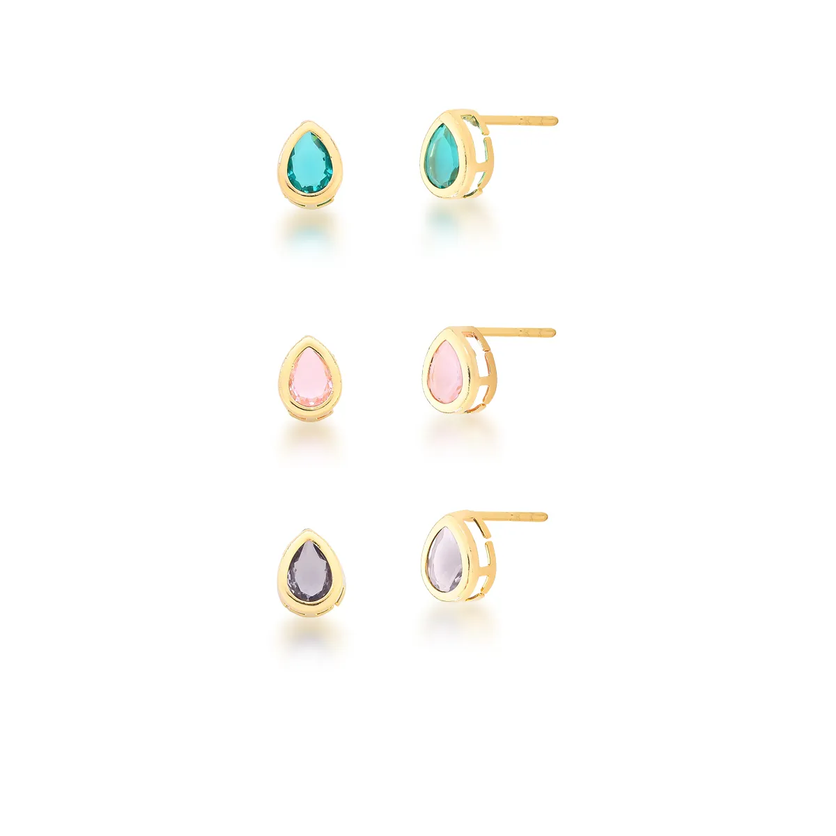 BRINCO TRIO PEDRA GOTA VAZADO LATERAL 7X9MM BAN. DOURADO /ROSA + ROXO + VERDE