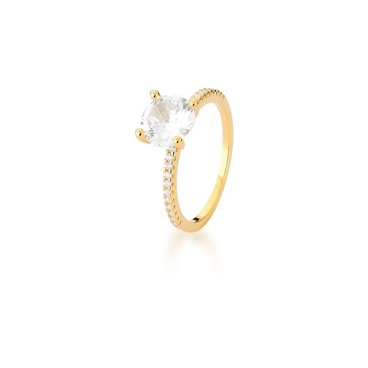 ANEL BAN. DOURADO SOLITÁRIO CRAVEJADO ZIRCONIA 1 LINHA C/ PEDRA BRANCA REDONDO