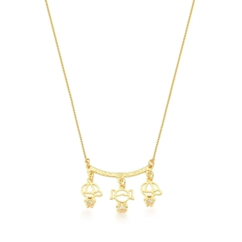 CORRENTE C/ PING. BAN. DOURADO CRAV. ZIRC BRANCA ESCRITA AMOR ETERNO 2 MENINO 1 MENINA  BAN. D