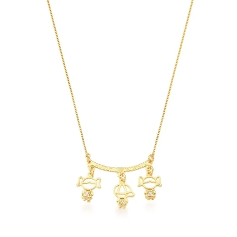 CORRENTE C/ PING. BAN. DOURADO CRAV. ZIRC BRANCA ESCRITA AMOR ETERNO 2 MENINA 1 MENINO  BAN. D