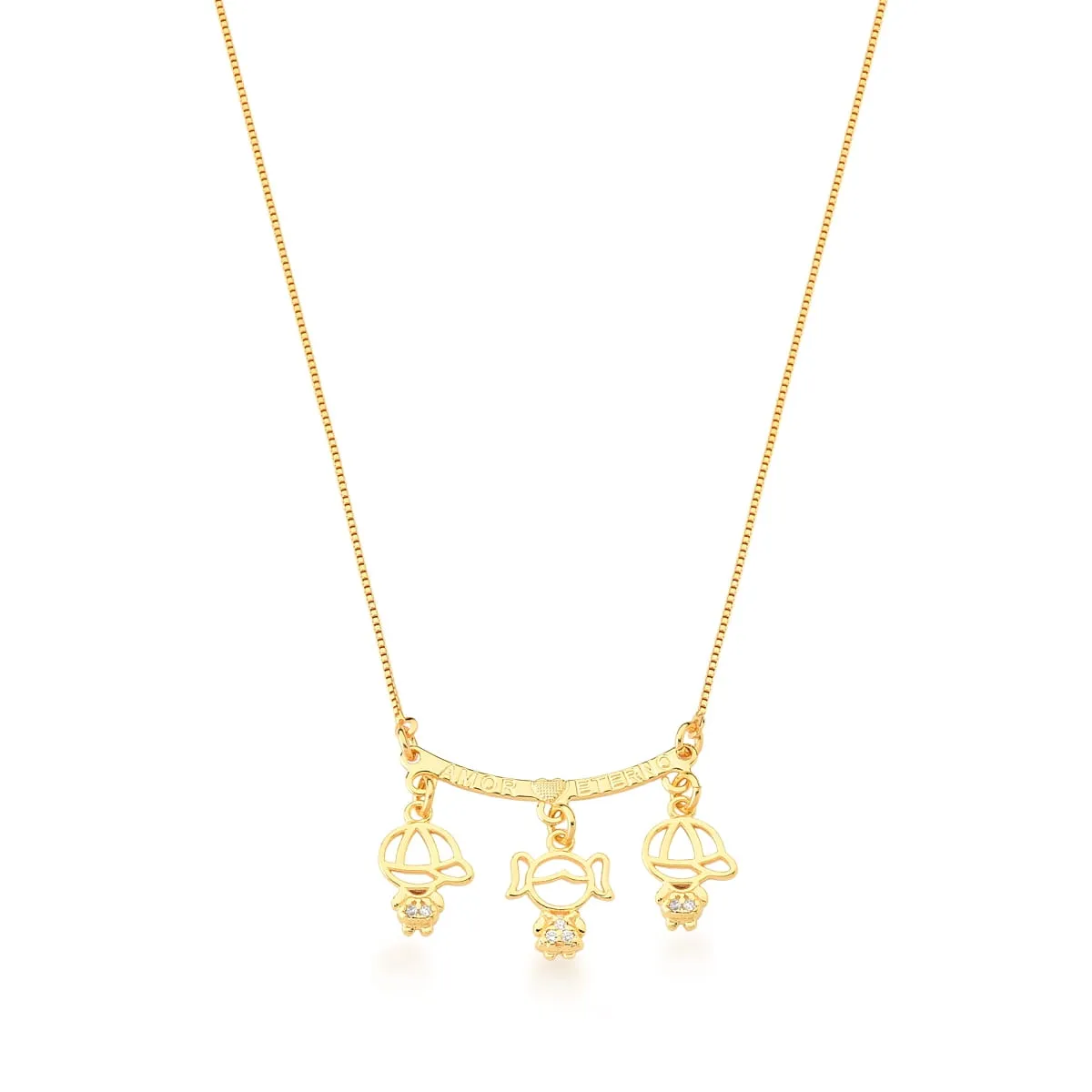 CORRENTE C/ PING. BAN. DOURADO CRAV. ZIRC BRANCA ESCRITA AMOR ETERNO 2 MENINO 1 MENINA 45+5CM