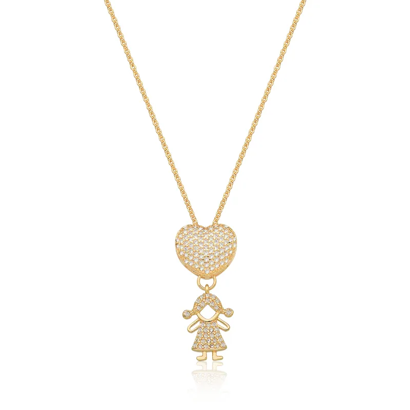CORRENTE BAN. DOURADO MENINA CORAÇÃO CRAVEJADO ZIRCONIA BRANCA/LILAS