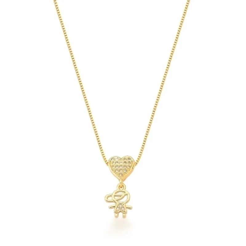 CORRENTE C/ PING. BAN. DOURADO CRAV. ZIRC BRANCA CORACAO MENINO FILHOS 45+5CM