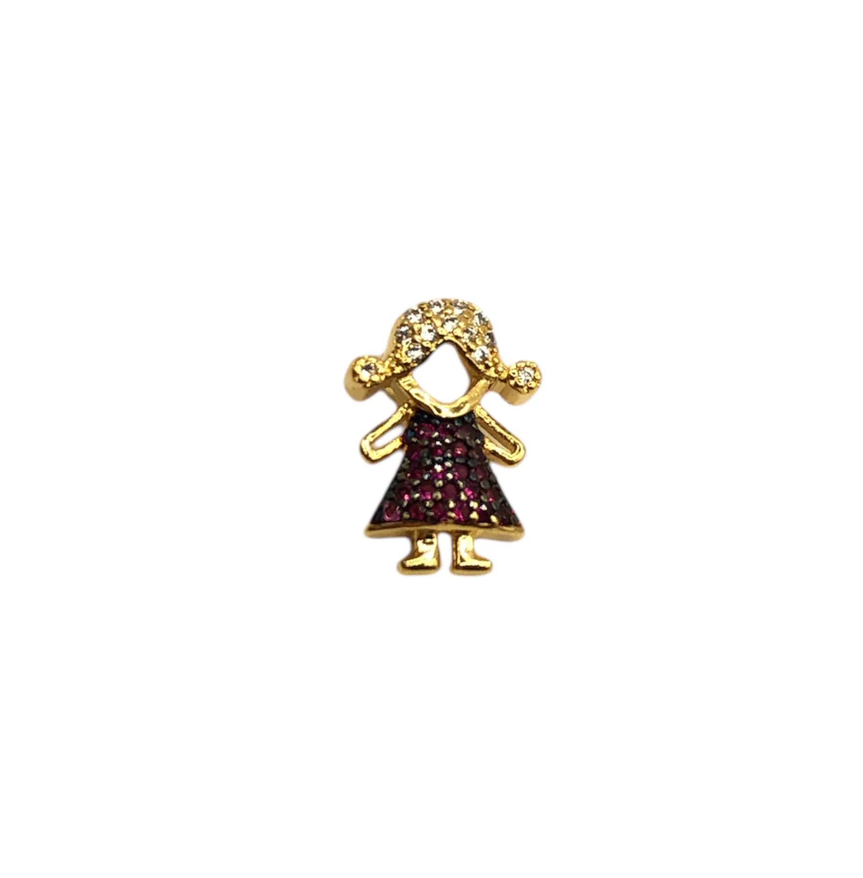 PINGENTE BAN. DOURADO C/ CABELO CRAVEJADO ZIRCONIA BRANCA E VESTIDO CRAVEJADO C/ PEDRA ROXA