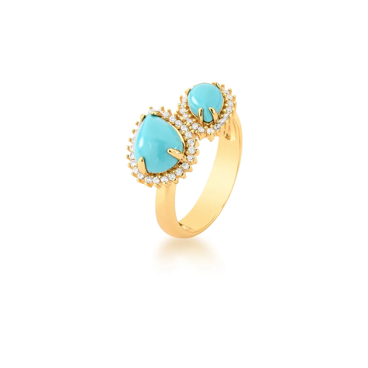 ANEL BAN. DOURADO CRAV. ZIRC BRANCA PEDRA TURQUESA 2 GOTA