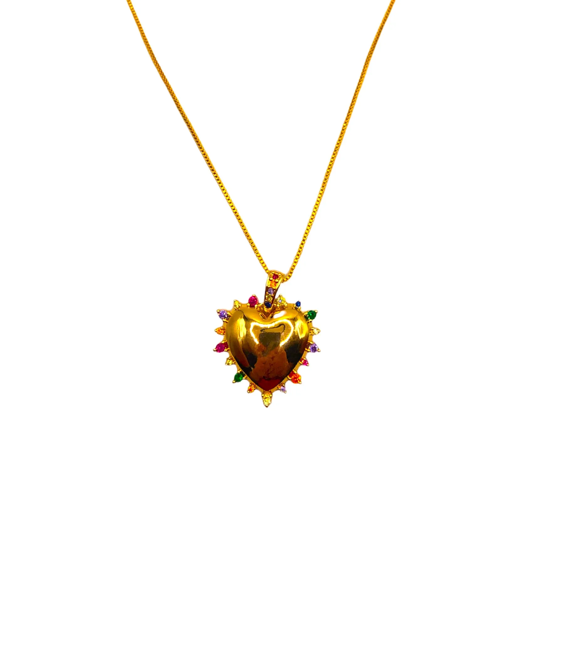 CORRENTE C/ PING. BAN. DOURADO PEDRA MULTICOLOR CORACAO 24MM 45CM