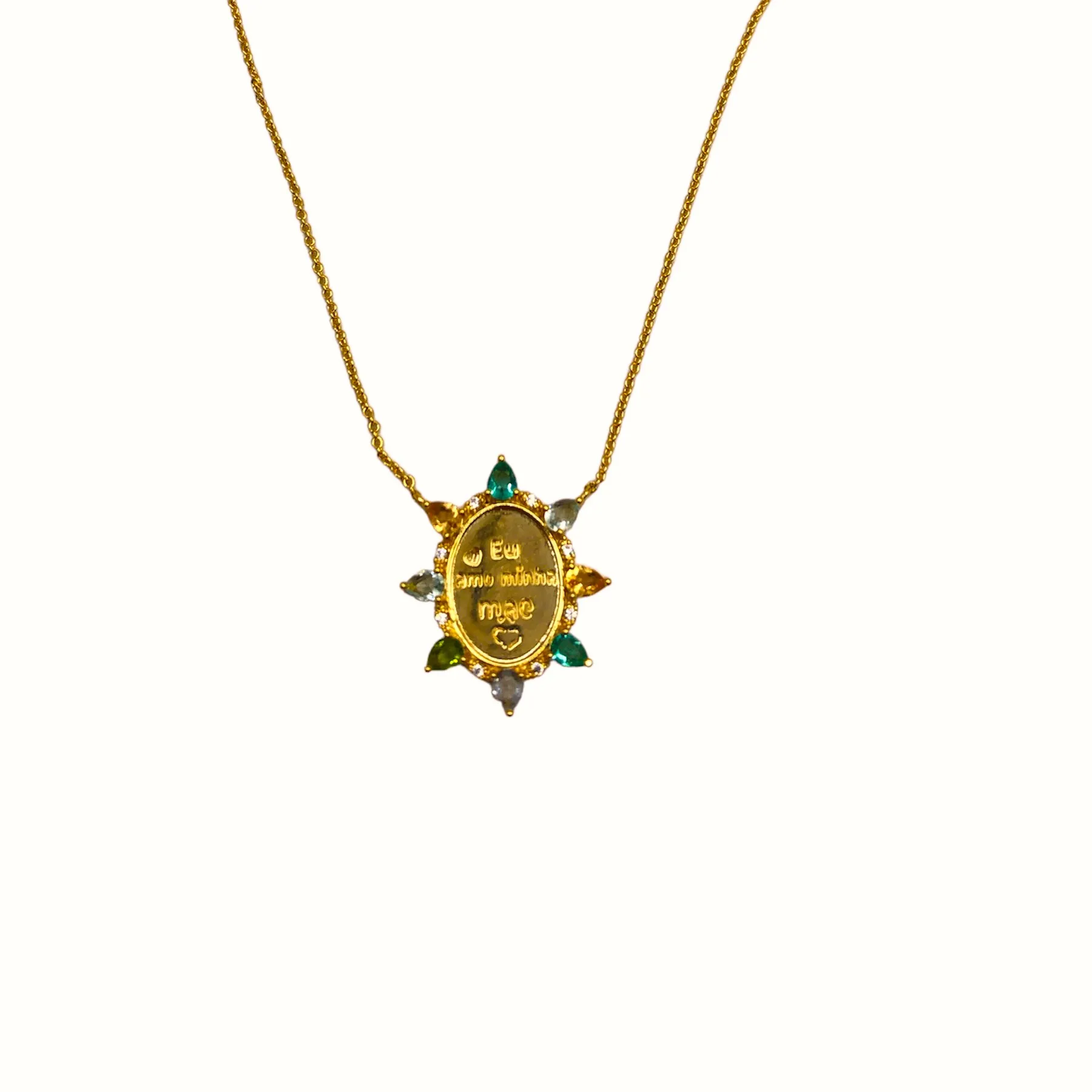 CORRENTE C/ PING. BAN. DOURADO PEDRA MULTICOLOR ESCRITA EU AMO MINHA MAE 45+5CM