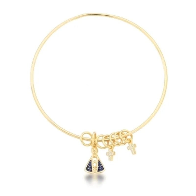 PULSEIRA BRACELETE ZIRCONIA PENDULO CRUZ NS. SENHORA APARECIDA BAN. DOURADO /AZUL + BRANCO