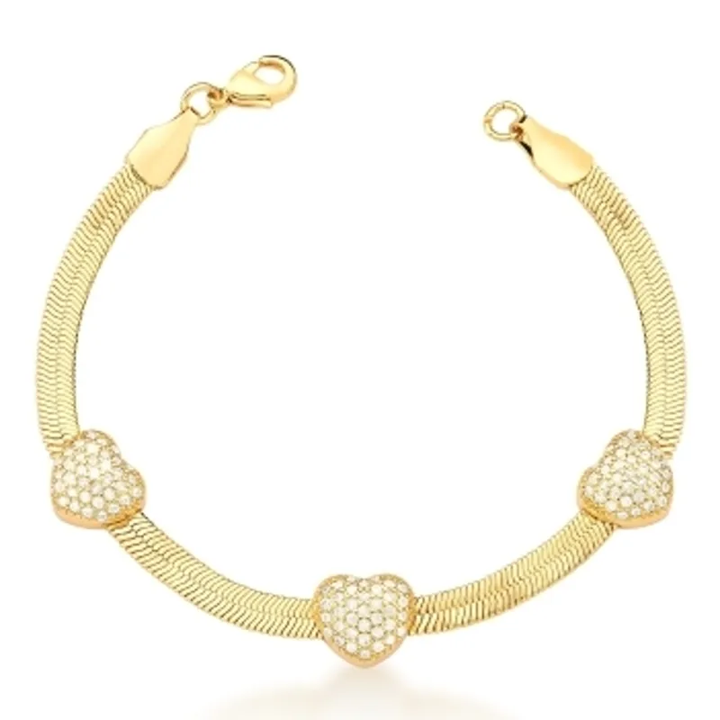 PULSEIRA BAN. DOURADO CRAV. ZIRC BRANCA ESTEIRA LAMINADA 3 CORACAO 18+5CM