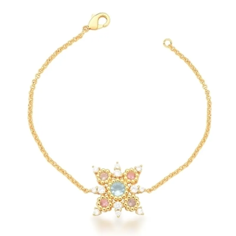 PULSEIRA BAN. DOURADO PEDRA MULTICOLOR CONTORNO BOLINHA FLOR 19MM 17+3CM