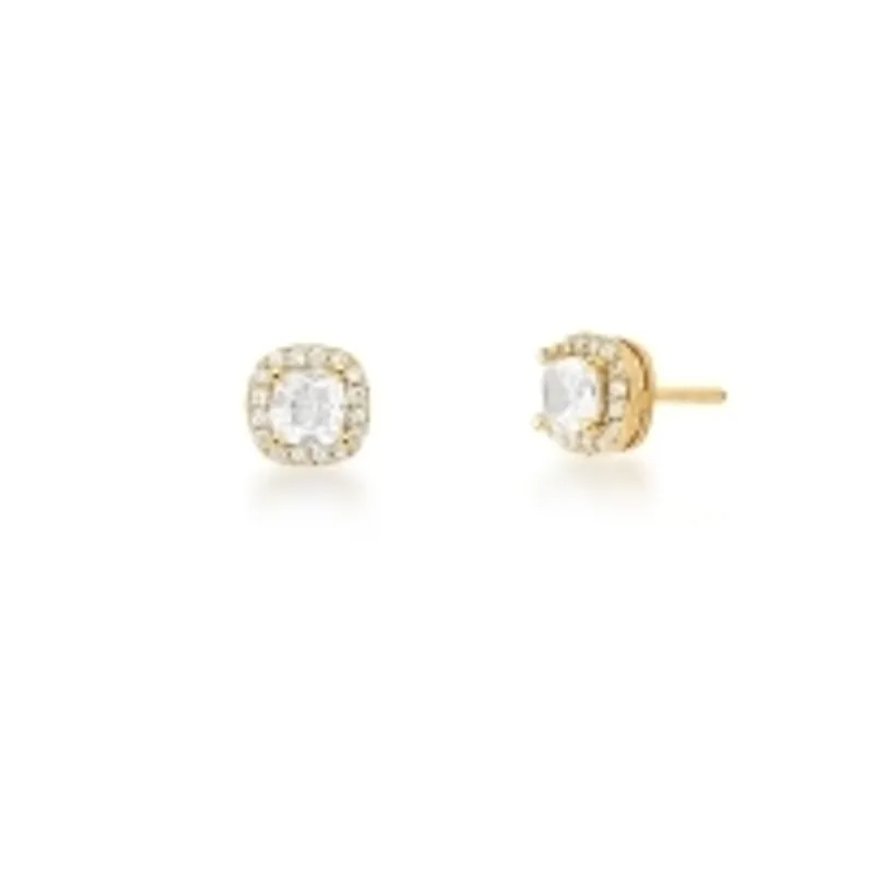 BRINCO BAN. DOURADO PEDRA BRANCA VAZADO LATERAL QUADRADO 6MM