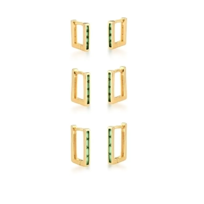 BRINCO TRIO BAN. DOURADO PEDRA ESMERALDA RETANGULAR ARGOLA 12/14/16MM