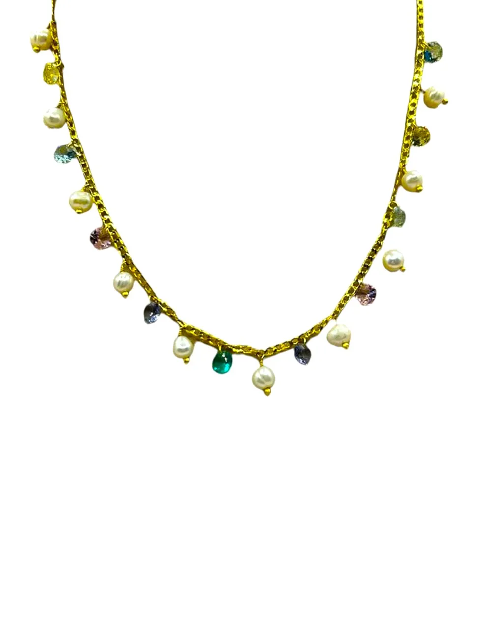 CHOKER BAN. DOURADO C/ PÉROLAS E PEDRAS MULTICOLOR GRANDE