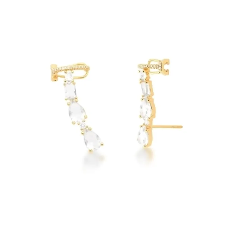 BRINCO EAR CUFF BAN. DOURADO CRAV. ZIRC BRANCA PEDRA BRANCA GOTA