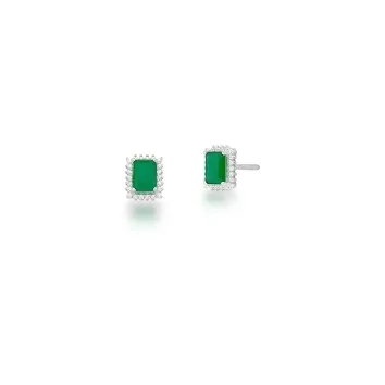 BRINCO BOTAO PEDRA+ ZIRCONIA RETANGULAR/REDONDO 5X7MM PRATEADO C/ BAN. DE RODIO /VERDE FUSION ESMERA