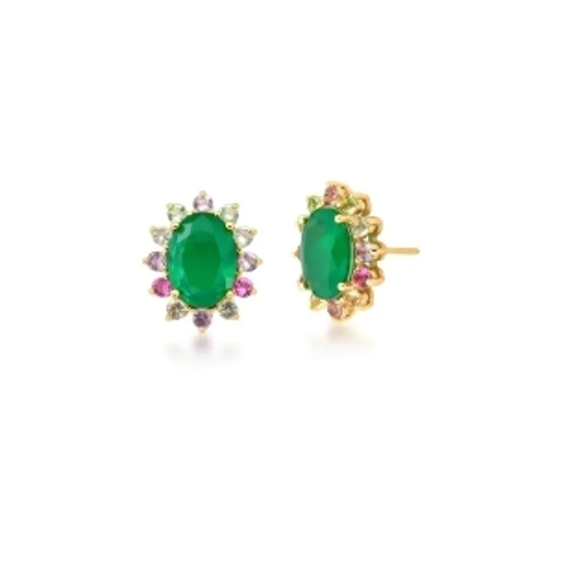 BRINCO BAN. DOURADO PEDRA FUSION ESMERALDA MULTICOLOR FLOR/OVAL 18MM