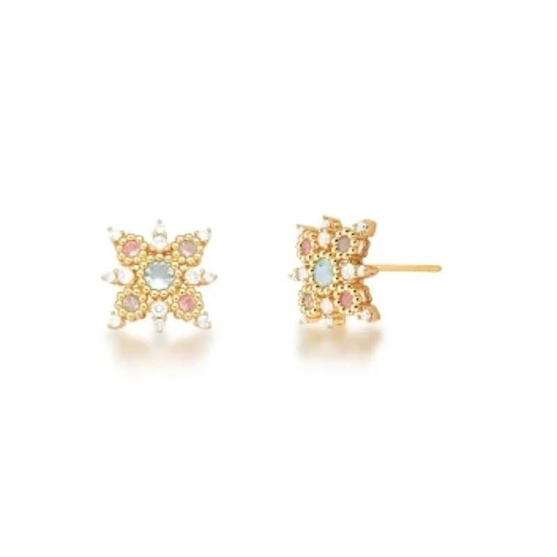 BRINCO BAN. DOURADO PEDRA MULTICOLOR FLOR 19MM