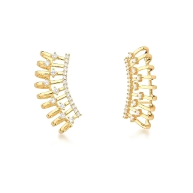 BRINCO EAR CUFF BAN. DOURADO CRAV. ZIRC BRANCA PEDRA BRANCA 9 COLUNAS CURVO