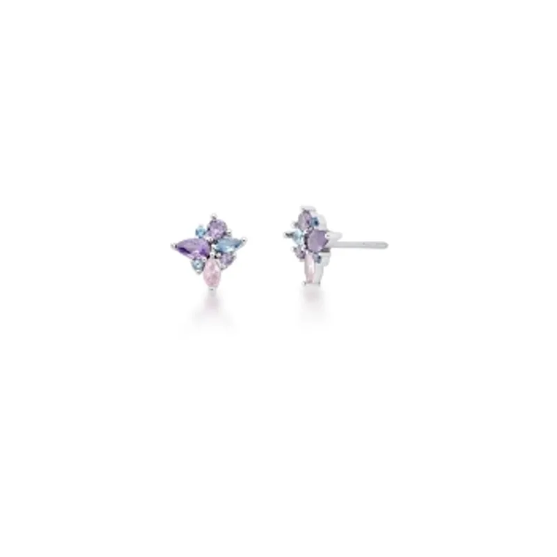 BRINCO PRATEADO C/ BAN. DE RODIO PEDRA MULTICOLOR GOTA/NAVETE/REDONDO 9MM