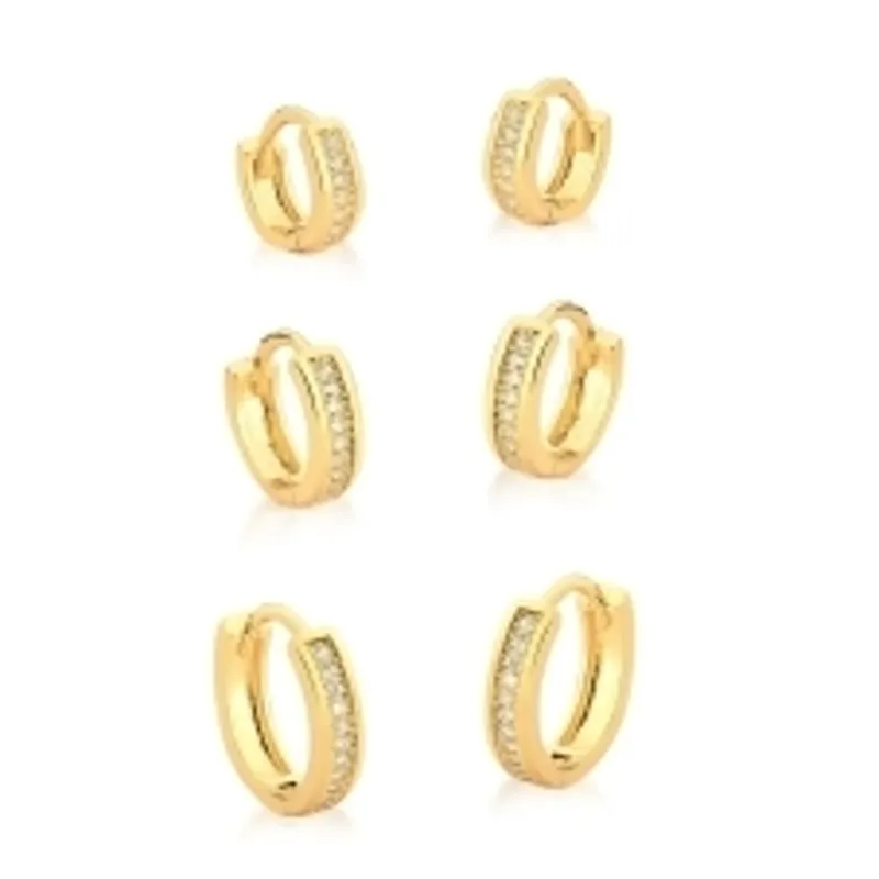 BRINCO TRIO BAN. DOURADO CRAV. ZIRC BRANCA 1 COLUNA FRENTE ARGOLA 10/12/14MM