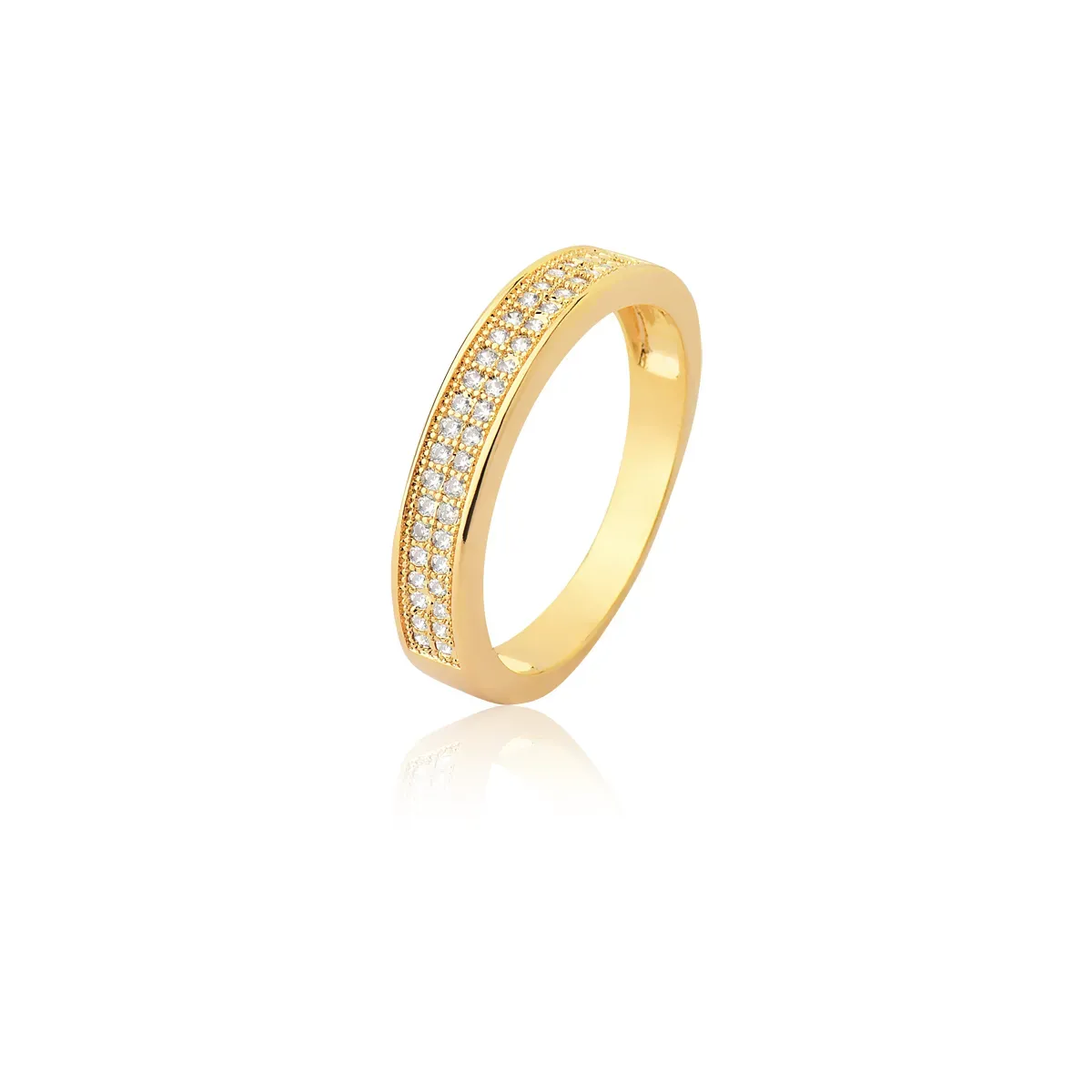 ANEL BAN. DOURADO CRAV. ZIRC BRANCA 2 LINHA FRENTE