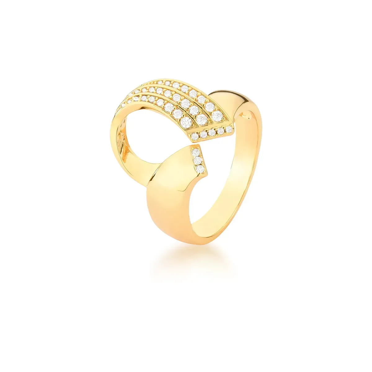 ANEL BAN. DOURADO CRAV. ZIRC BRANCA 3 COLUNAS VAZADO CURVO